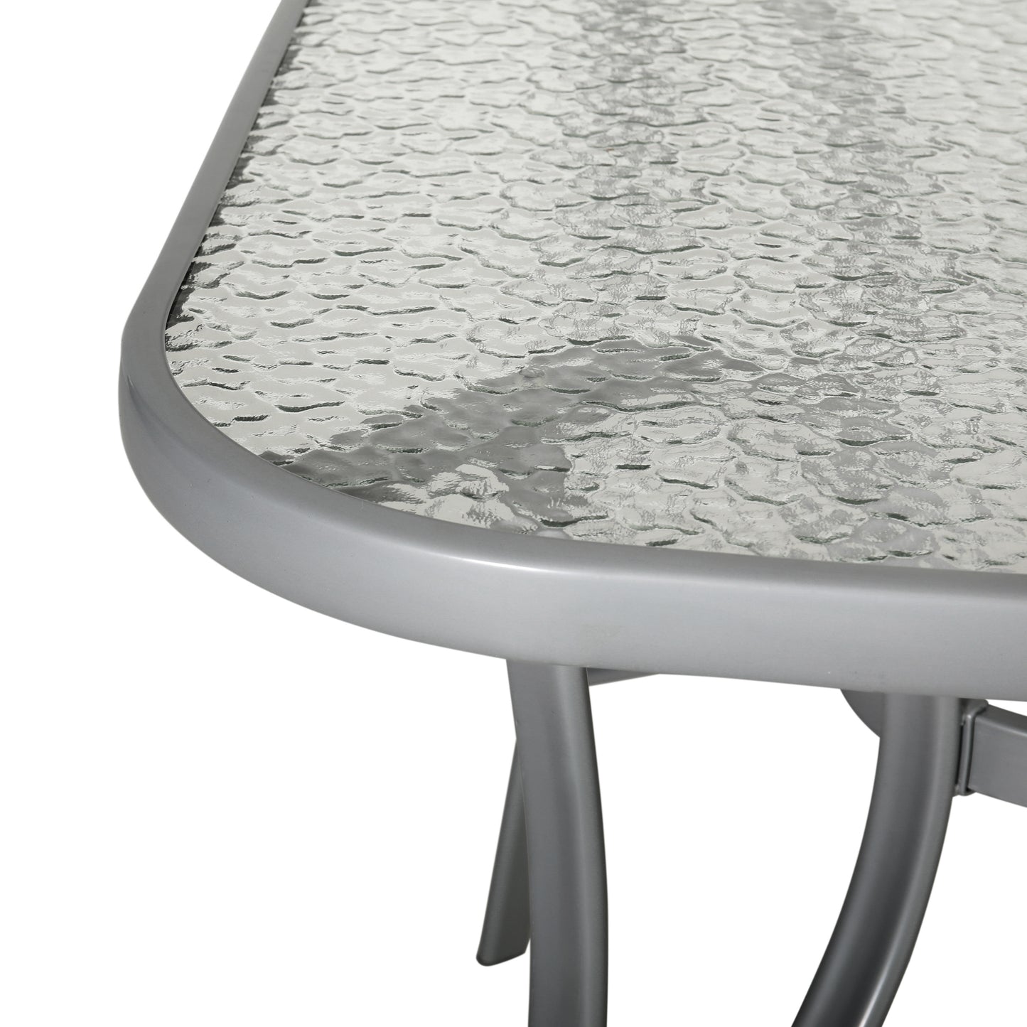 Tory Commercial Grade 35" x 59" Rectangular Patio Table with Tempered Glass Top with Umbrella Hole and Steel Tube Frame in Silver