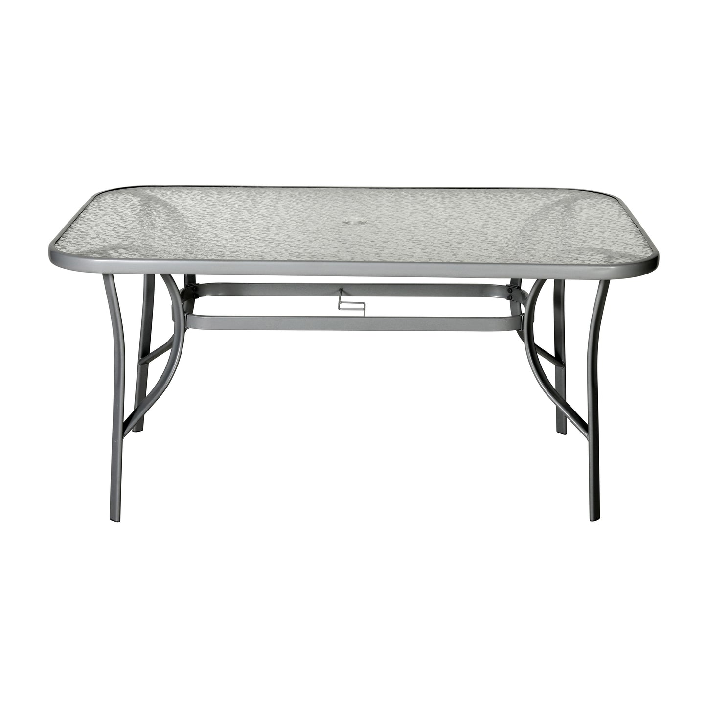 Tory Commercial Grade 35" x 59" Rectangular Patio Table with Tempered Glass Top with Umbrella Hole and Steel Tube Frame in Silver