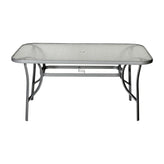 Tory Commercial Grade 35" x 59" Rectangular Patio Table with Tempered Glass Top with Umbrella Hole and Steel Tube Frame in Silver