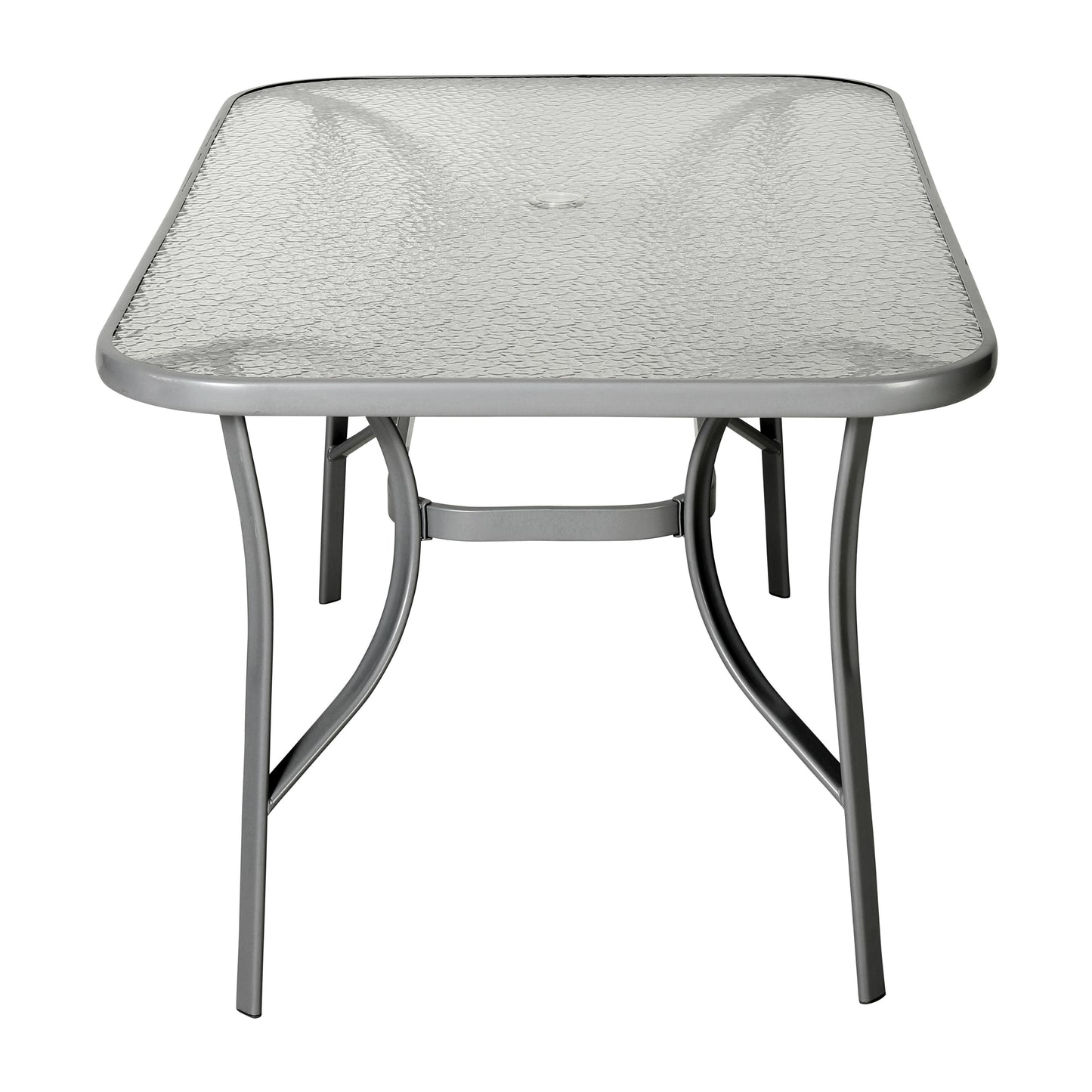 Tory Commercial Grade 35" x 59" Rectangular Patio Table with Tempered Glass Top with Umbrella Hole and Steel Tube Frame in Silver