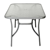 Tory Commercial Grade 35" x 59" Rectangular Patio Table with Tempered Glass Top with Umbrella Hole and Steel Tube Frame in Silver