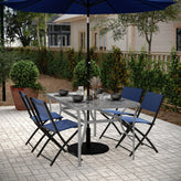 Tory Commercial Grade 35" x 59" Rectangular Patio Table with Tempered Glass Top with Umbrella Hole and Steel Tube Frame in Silver