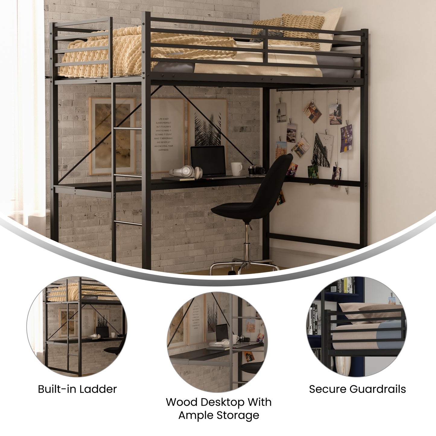 Jake Loft Bed Frame with Desk, Twin Size Metal Bed Frame with Protective Guard Rails & Ladder for Kids, Teens and Adults - Black