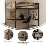 Jake Loft Bed Frame with Desk, Twin Size Metal Bed Frame with Protective Guard Rails & Ladder for Kids, Teens and Adults - Black
