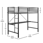 Jake Loft Bed Frame with Desk, Twin Size Metal Bed Frame with Protective Guard Rails & Ladder for Kids, Teens and Adults - Black