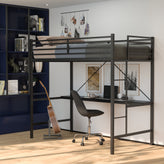 Jake Loft Bed Frame with Desk, Twin Size Metal Bed Frame with Protective Guard Rails & Ladder for Kids, Teens and Adults - Black