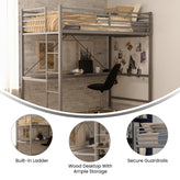 Jake Loft Bed Frame with Desk, Twin Size Metal Bed Frame with Protective Guard Rails & Ladder for Kids, Teens and Adults - Gray