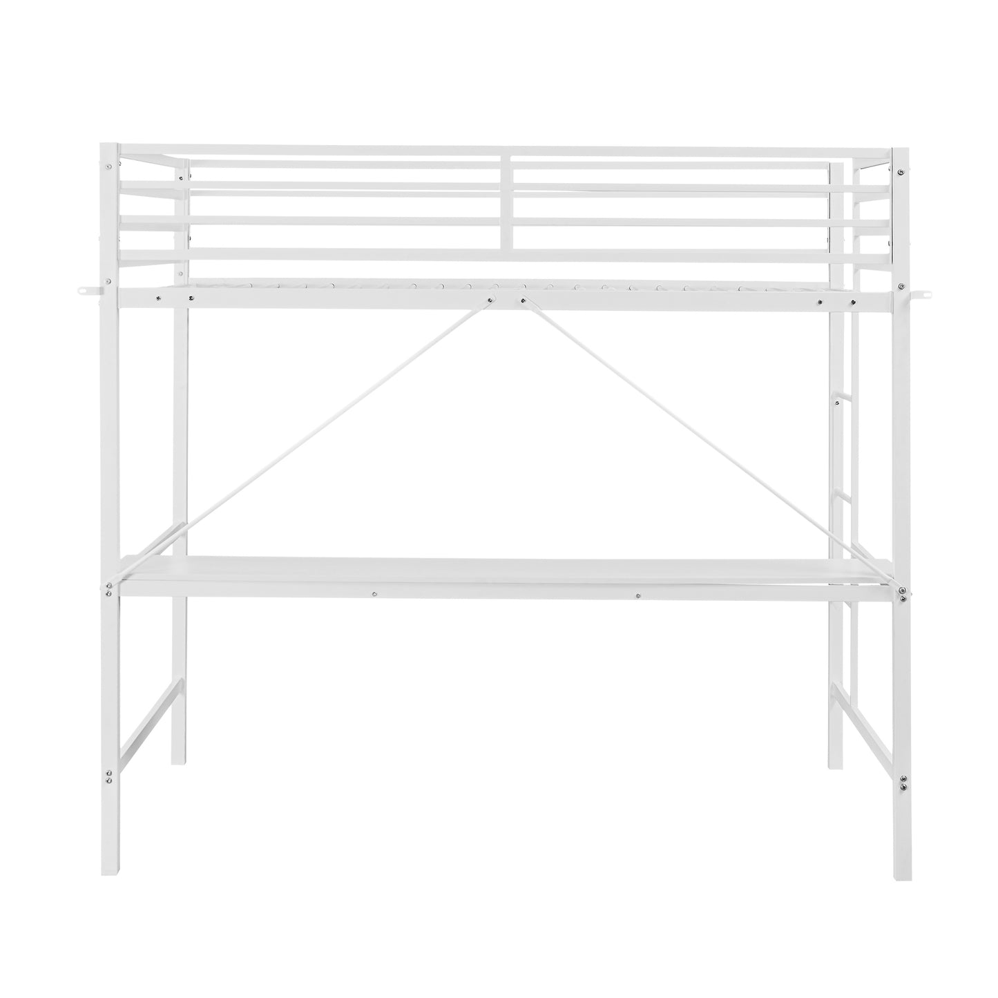 Jake Loft Bed Frame with Desk, Twin Size Metal Bed Frame with Protective Guard Rails & Ladder for Kids, Teens and Adults - White