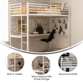 Jake Loft Bed Frame with Desk, Twin Size Metal Bed Frame with Protective Guard Rails & Ladder for Kids, Teens and Adults - White
