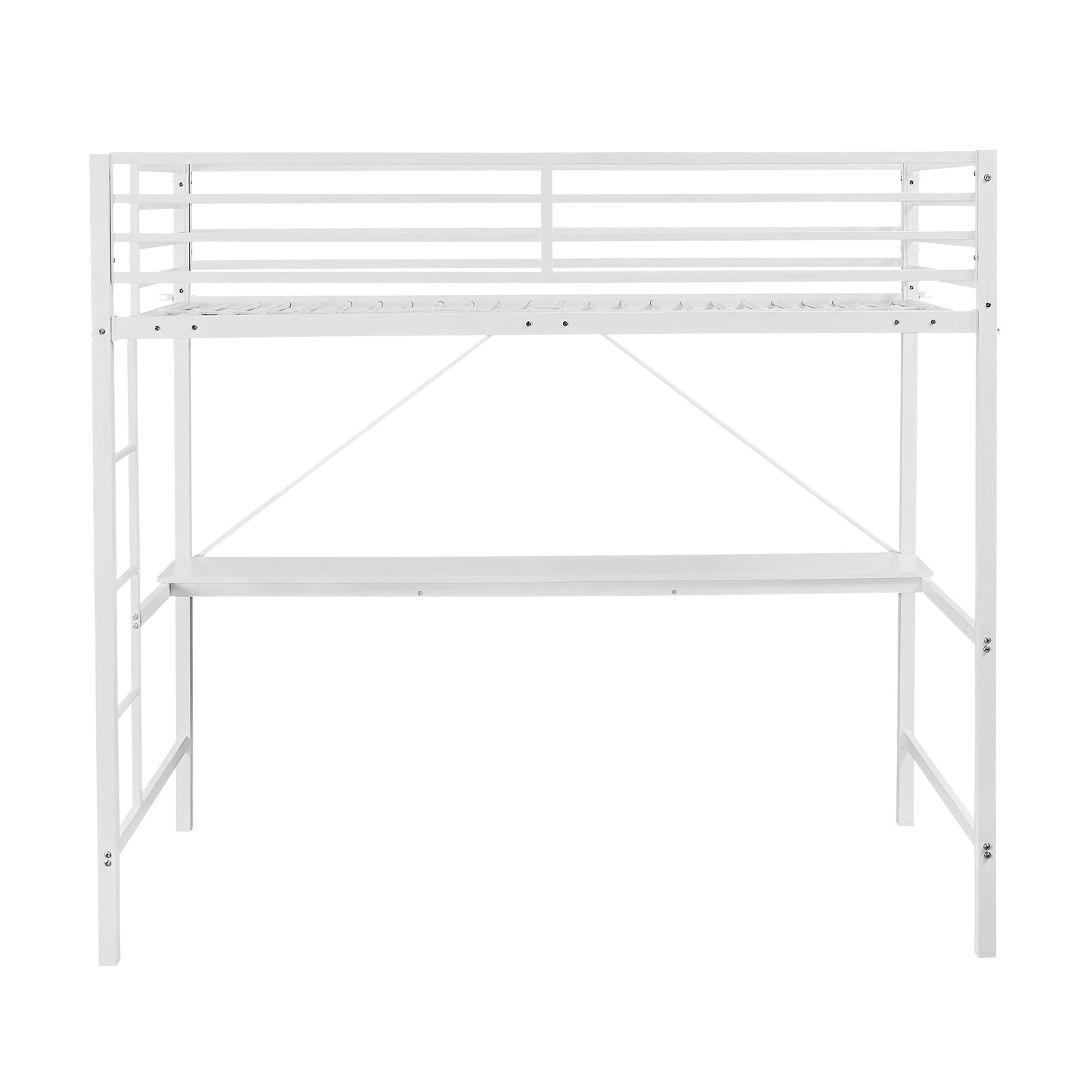 Jake Loft Bed Frame with Desk, Twin Size Metal Bed Frame with Protective Guard Rails & Ladder for Kids, Teens and Adults - White