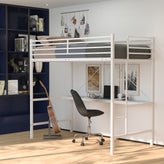Jake Loft Bed Frame with Desk, Twin Size Metal Bed Frame with Protective Guard Rails & Ladder for Kids, Teens and Adults - White