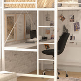 Jake Loft Bed Frame with Desk, Twin Size Metal Bed Frame with Protective Guard Rails & Ladder for Kids, Teens and Adults - White