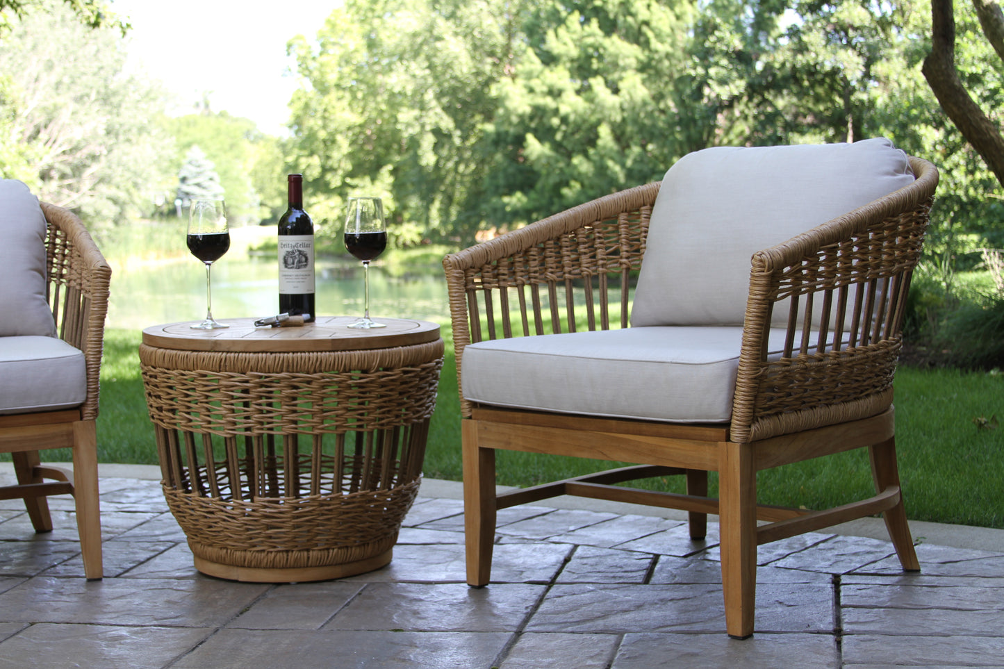 Bohemian Outdoor Teak and Wicker Storage Accent Table 24" Round