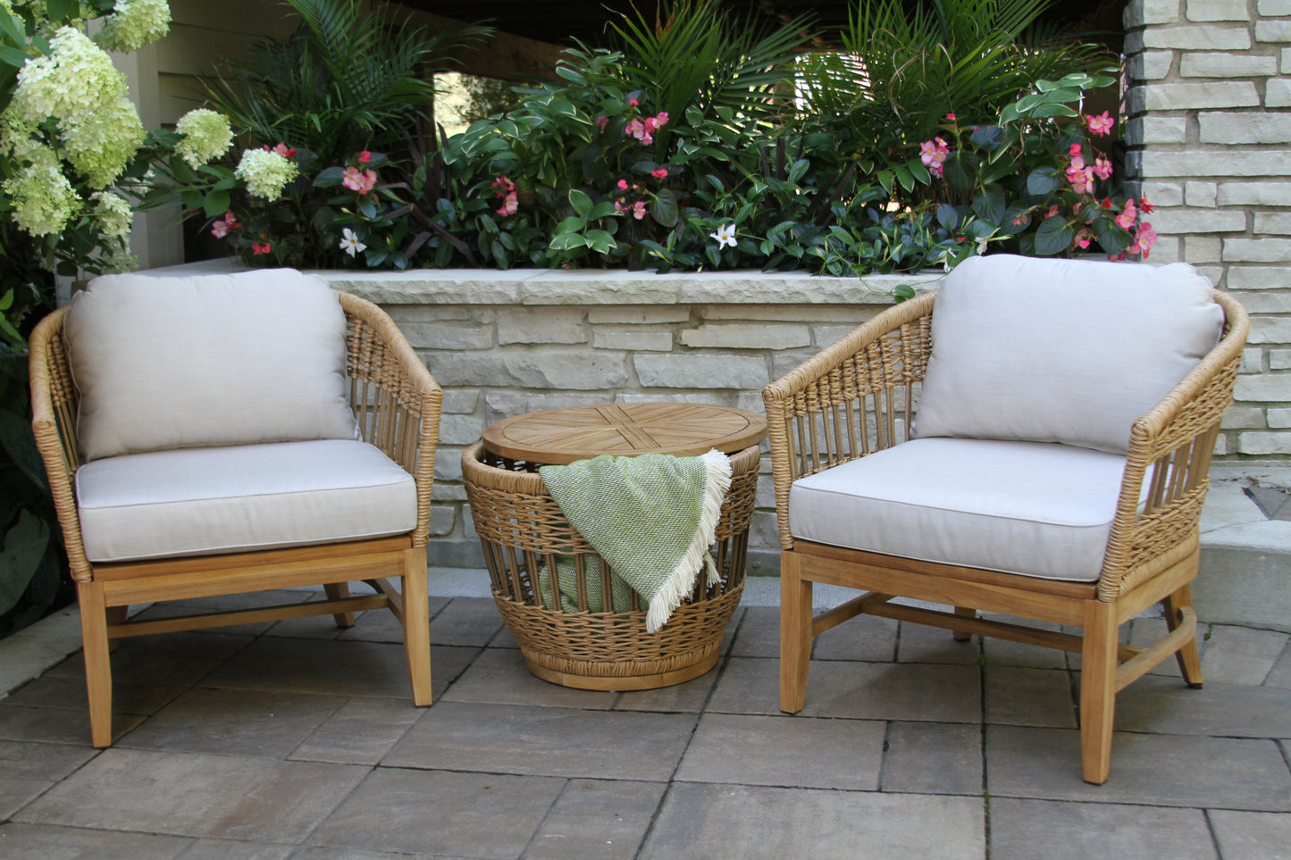 Bohemian Outdoor Teak and Wicker Storage Accent Table 24" Round