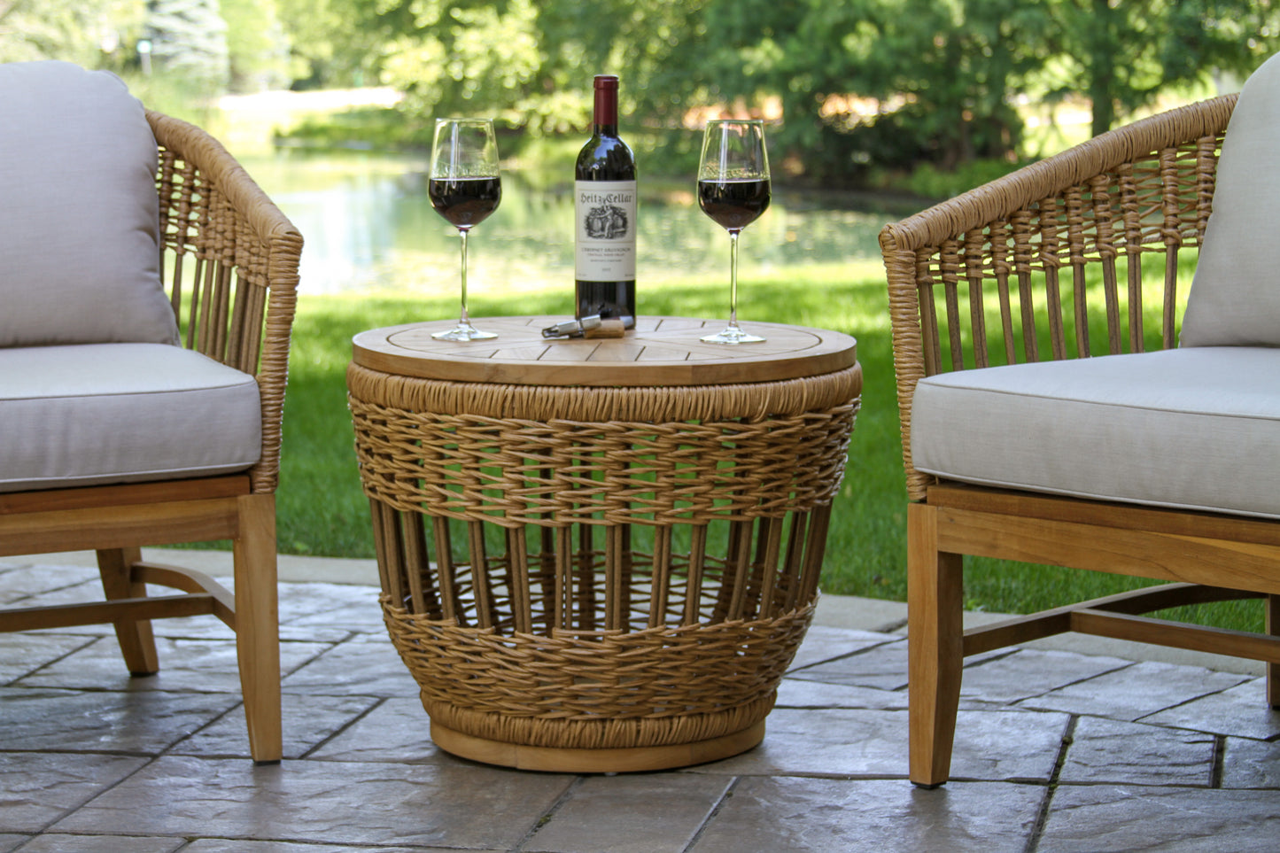 Bohemian Outdoor Teak and Wicker Storage Accent Table 24" Round