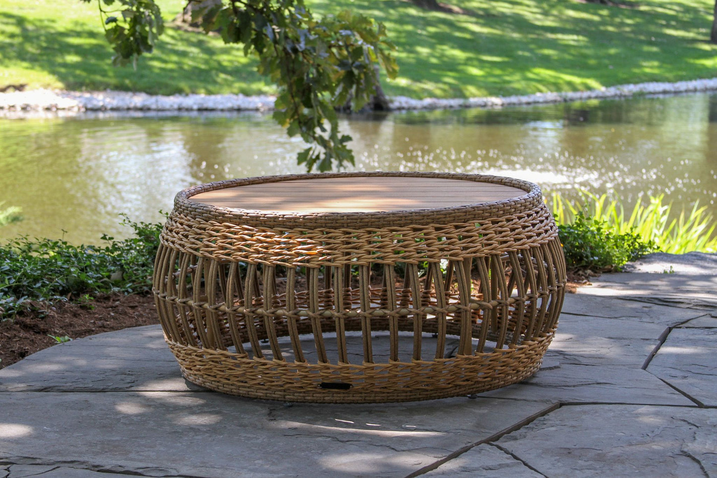 Bohemian Outdoor Teak and Wicker Coffee Table 33" Round