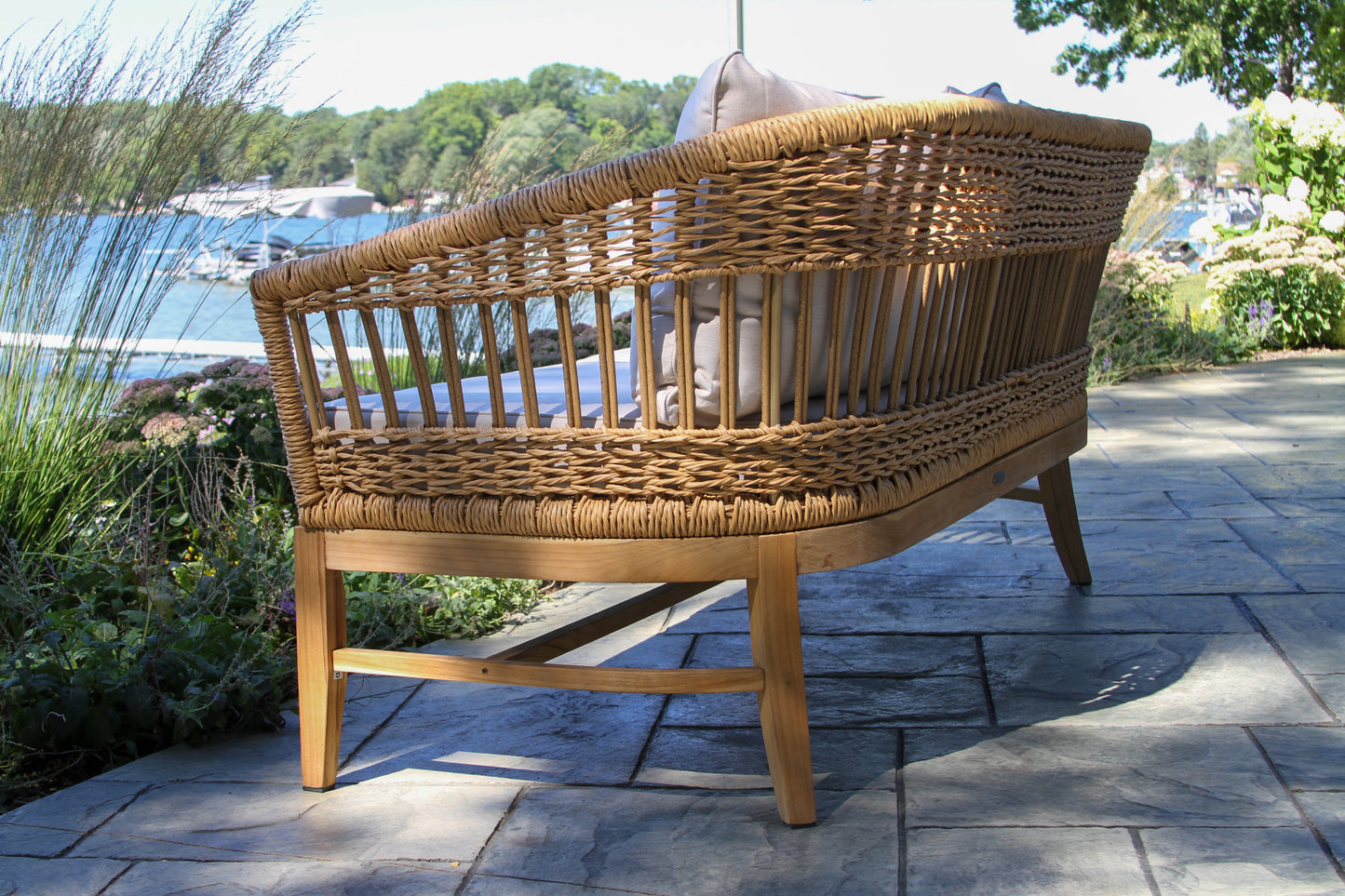 Bohemian Outdoor Teak and Wicker Loveseat w Sunbrella