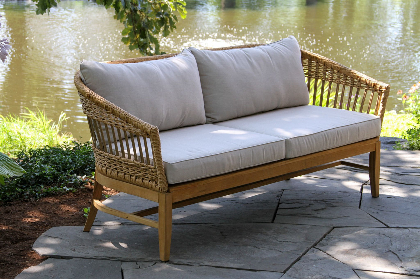Bohemian Outdoor Teak and Wicker Loveseat w Sunbrella
