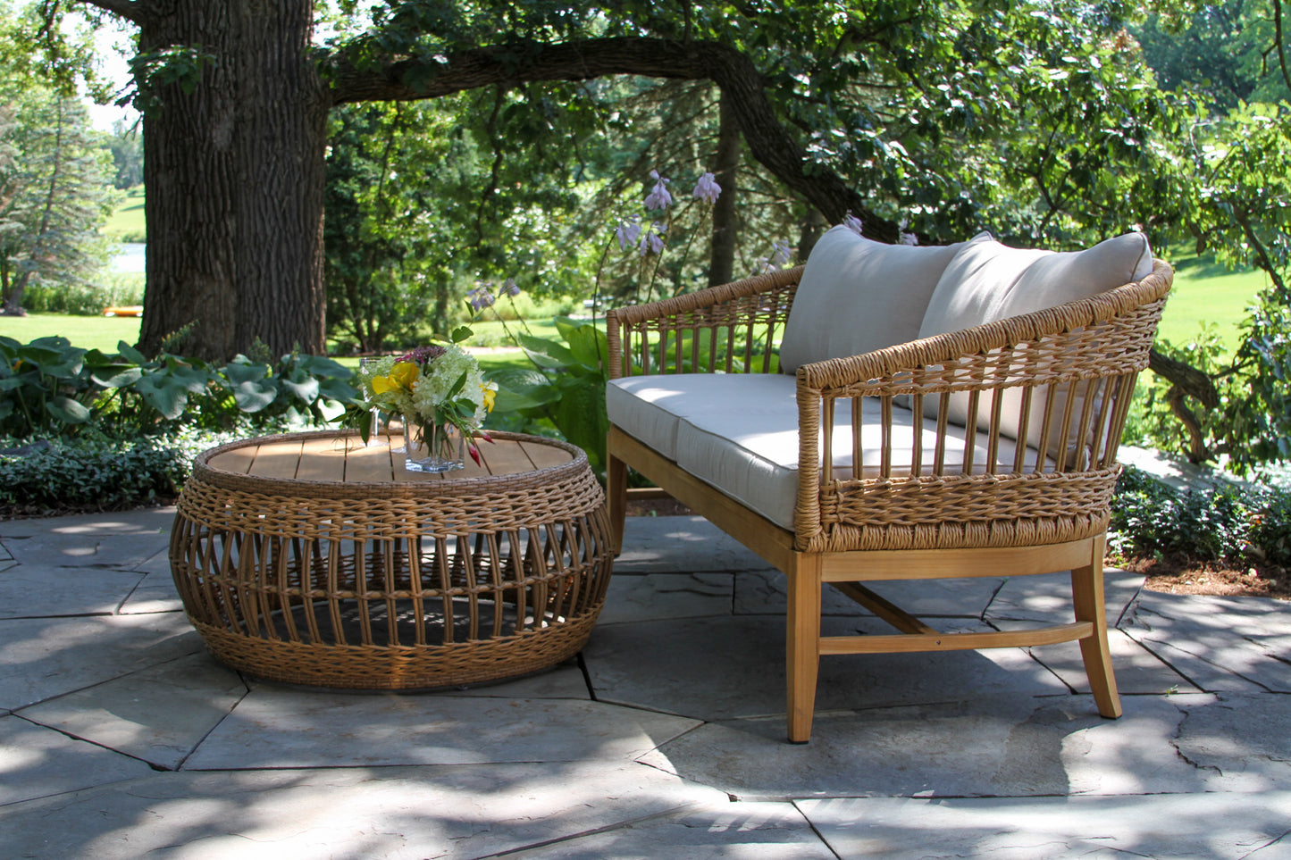 Bohemian Outdoor Teak and Wicker Loveseat w Sunbrella