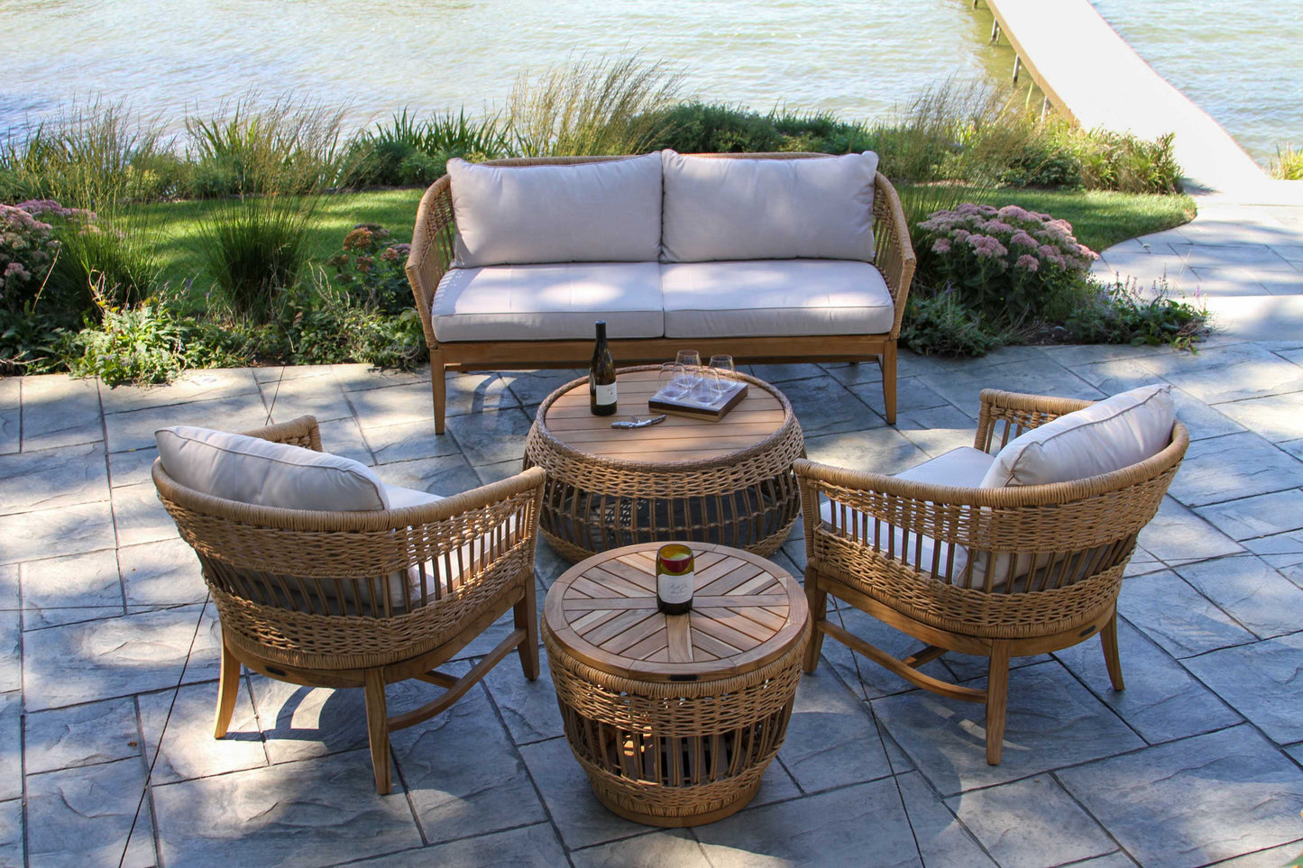 Bohemian Outdoor Teak and Wicker Loveseat w Sunbrella