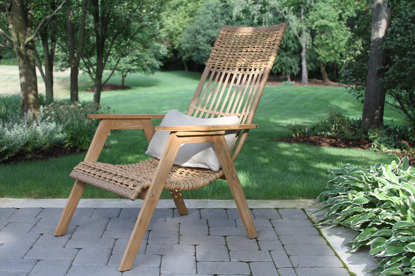 Bohemian Outdoor Teak and Wicker Basket Lounger w Olefin Pillow