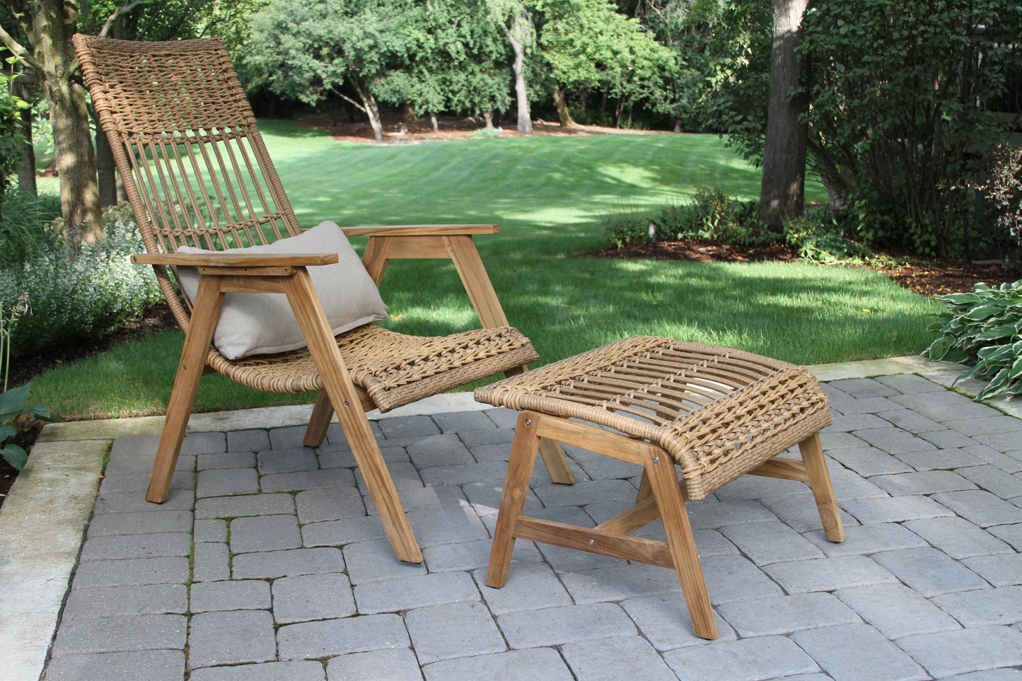 Bohemian Outdoor Teak and Wicker Ottoman