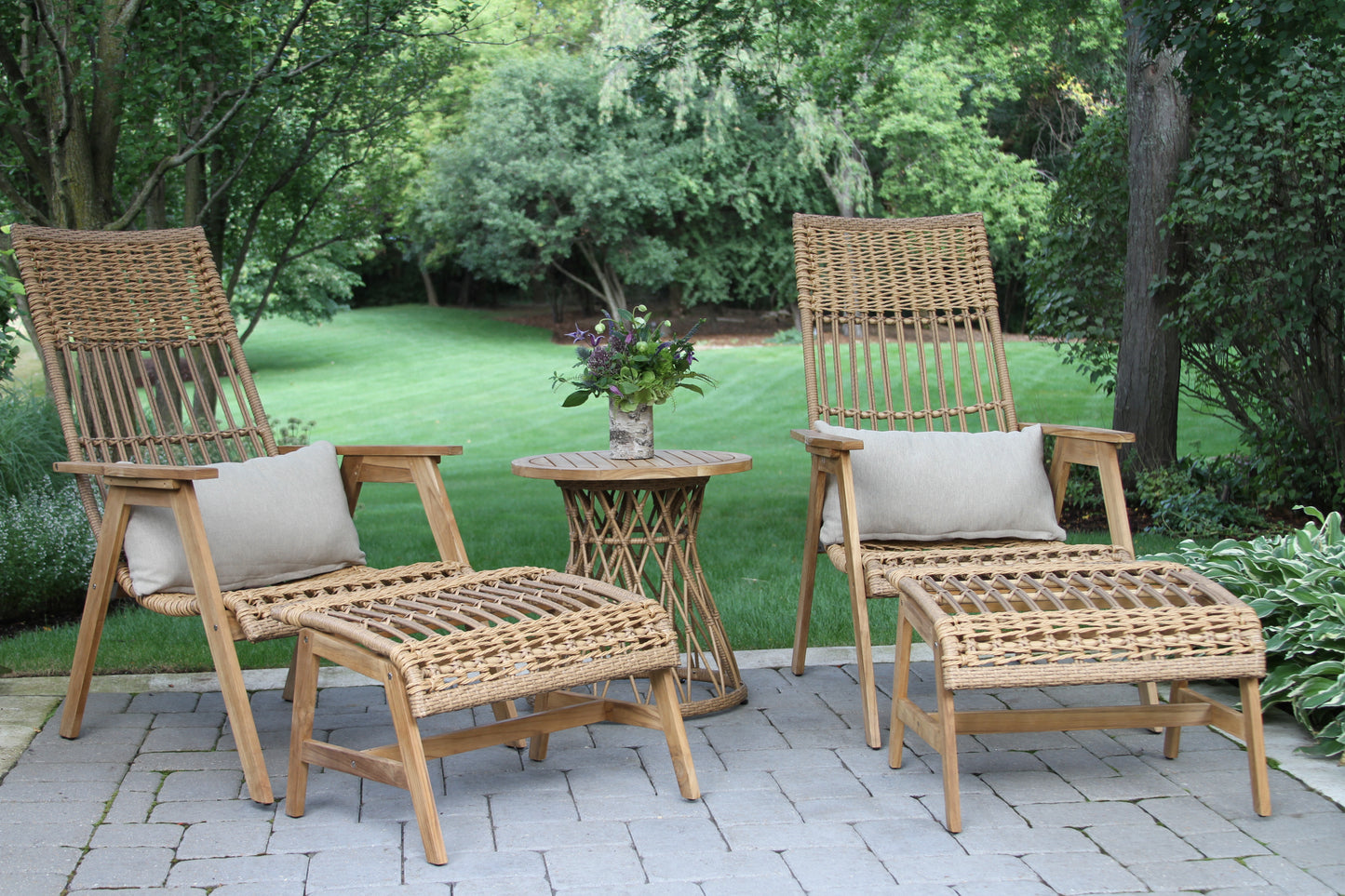 Bohemian Outdoor Teak and Wicker Ottoman
