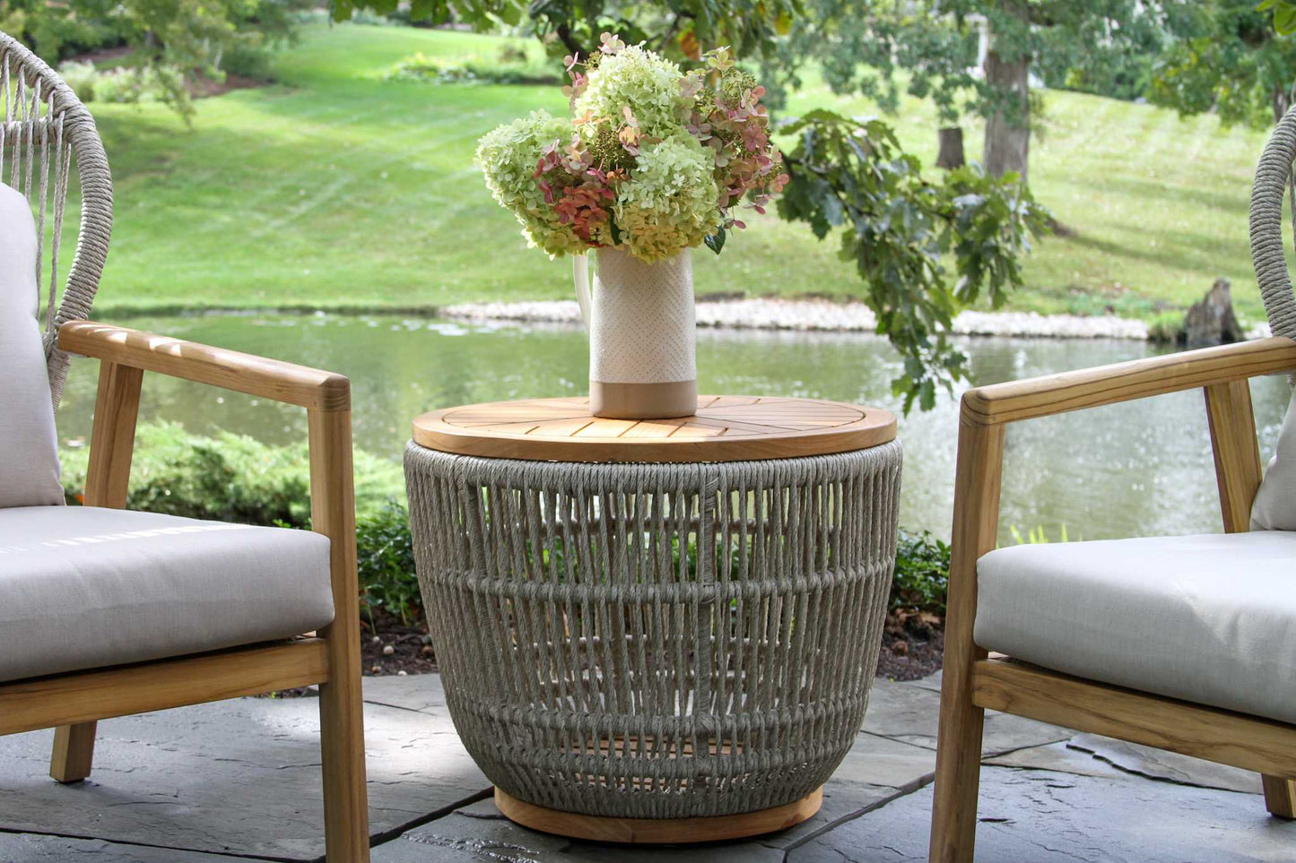 Teak and Cable Outdoor Wicker Parlor Chairs w Sunbrella