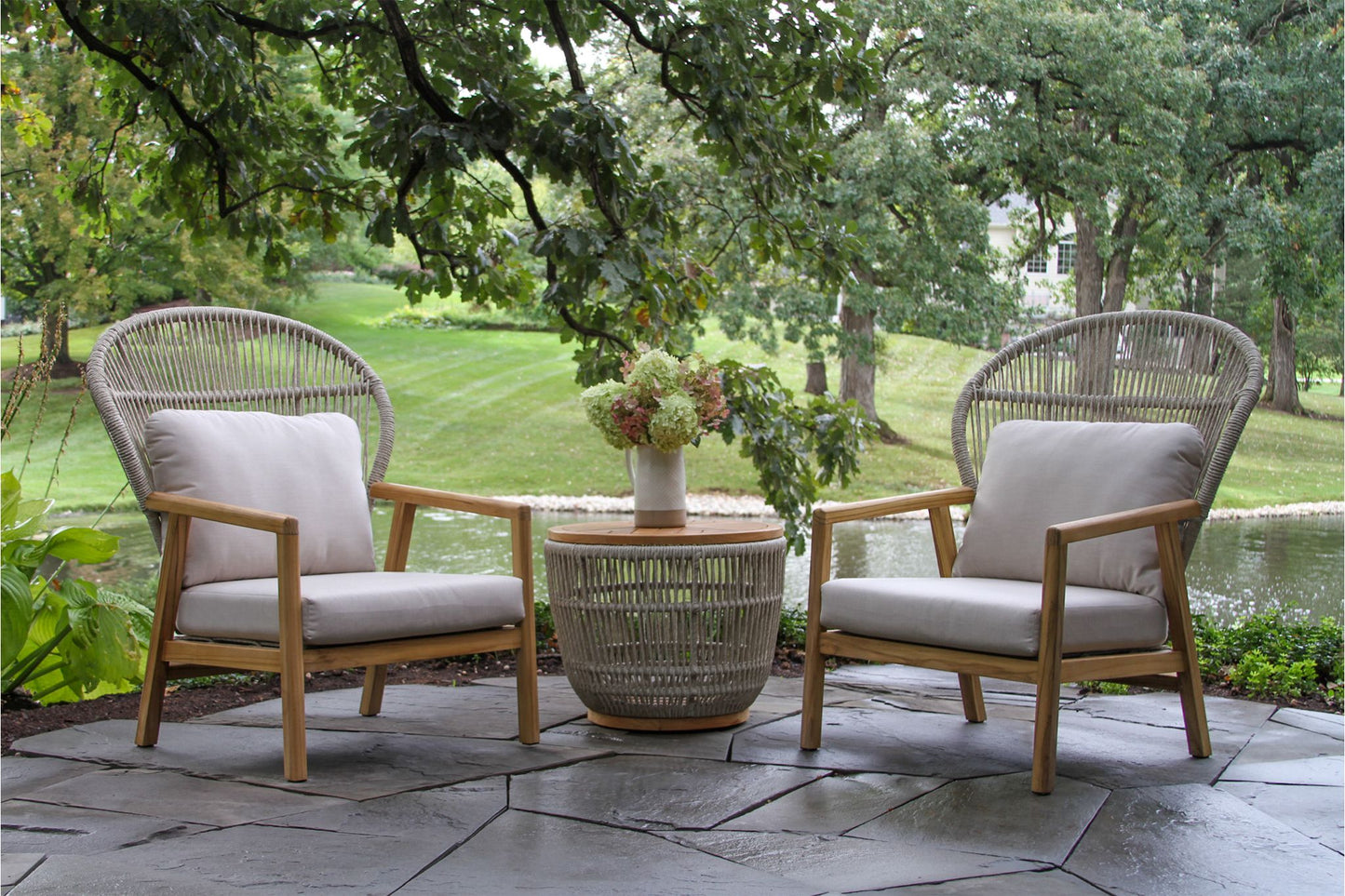 Teak and Cable Outdoor Wicker Parlor Chairs w Sunbrella