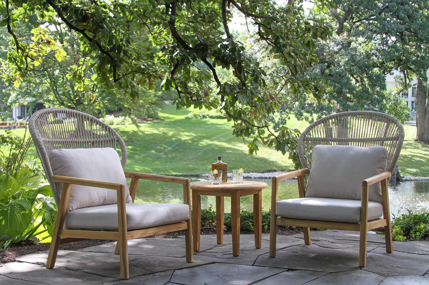 Teak and Cable Outdoor Wicker Parlor Chairs w Sunbrella