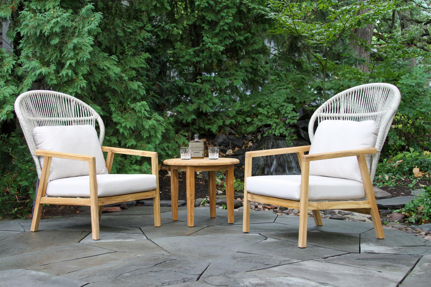 Teak and Cable Outdoor Wicker Parlor Chairs w Sunbrella