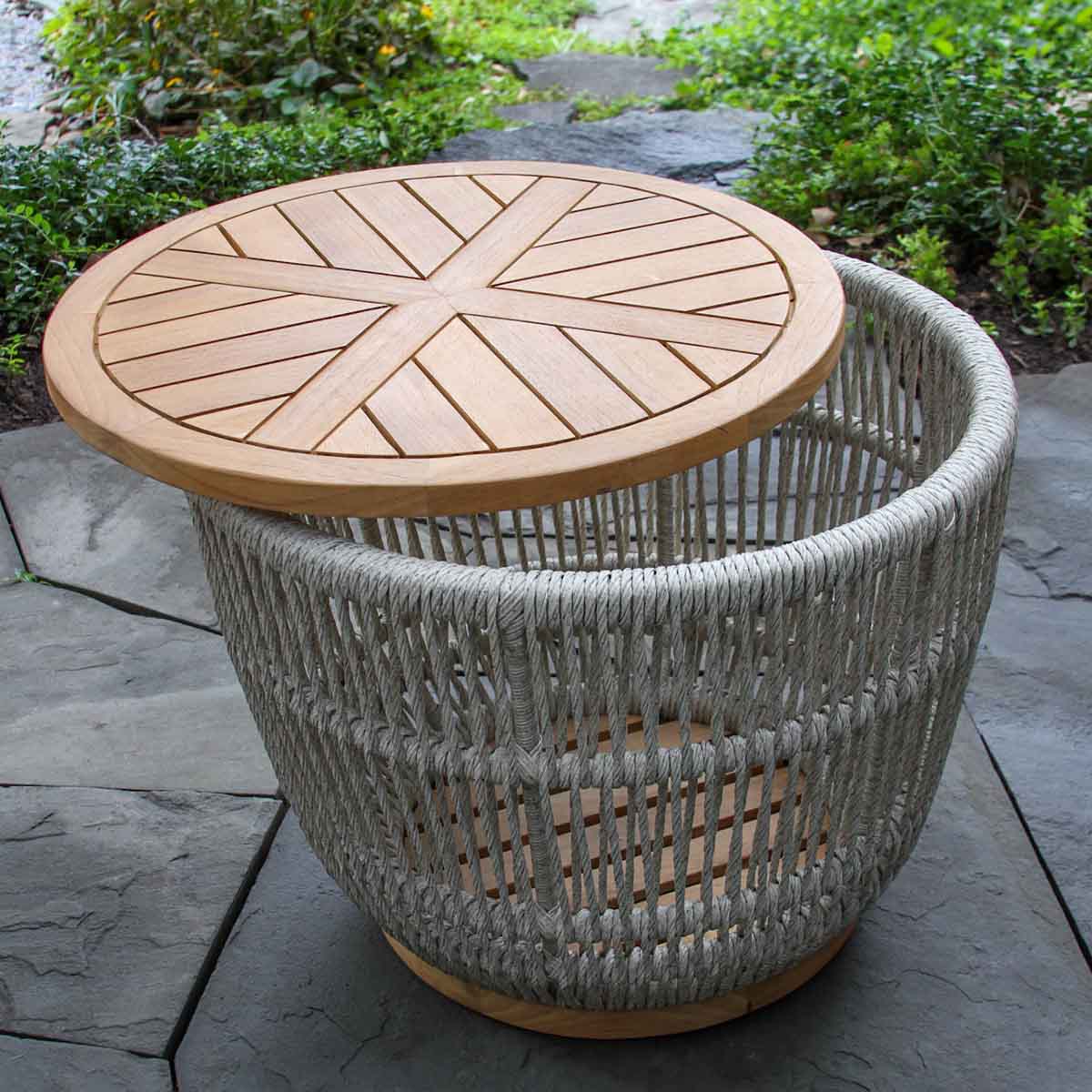 Teak and Cable Outdoor Wicker Storage Accent Table 24" Round