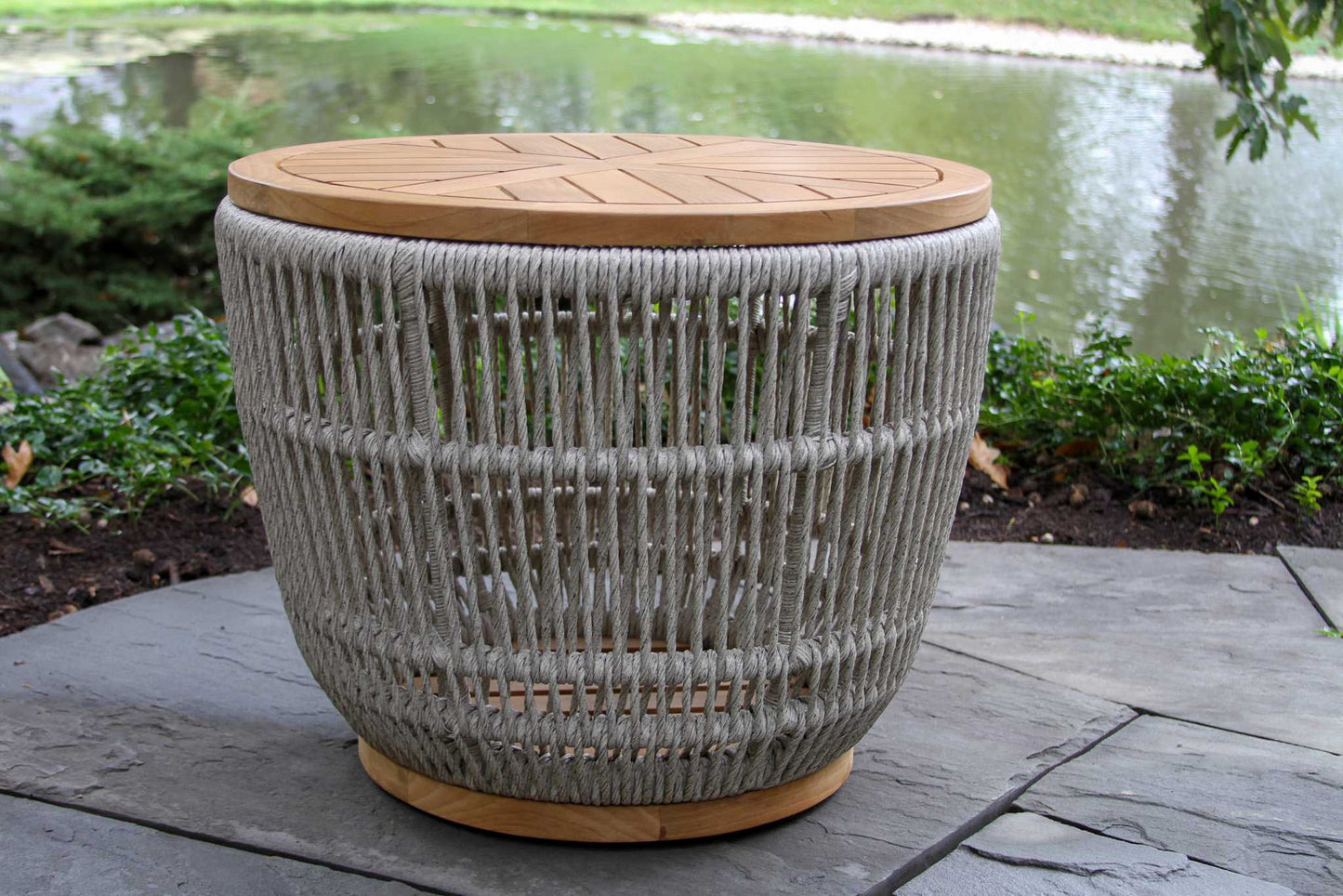 Teak and Cable Outdoor Wicker Storage Accent Table 24" Round