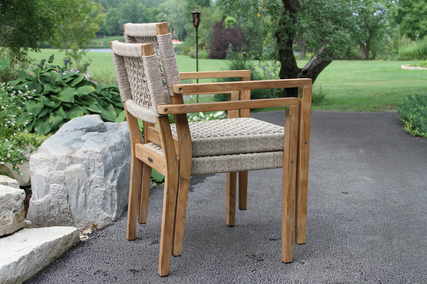 Teak and Nautical Outdoor Rope Stacking Dining Chair
