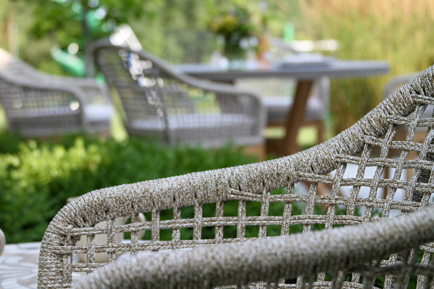 Teak and Nautical Outdoor Rope Dining Chair w Sunbrella