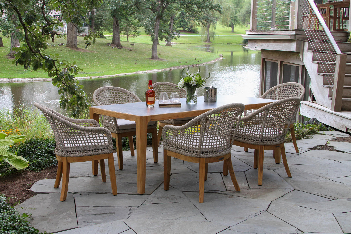 Teak and Nautical Outdoor Rope Dining Chair w Sunbrella