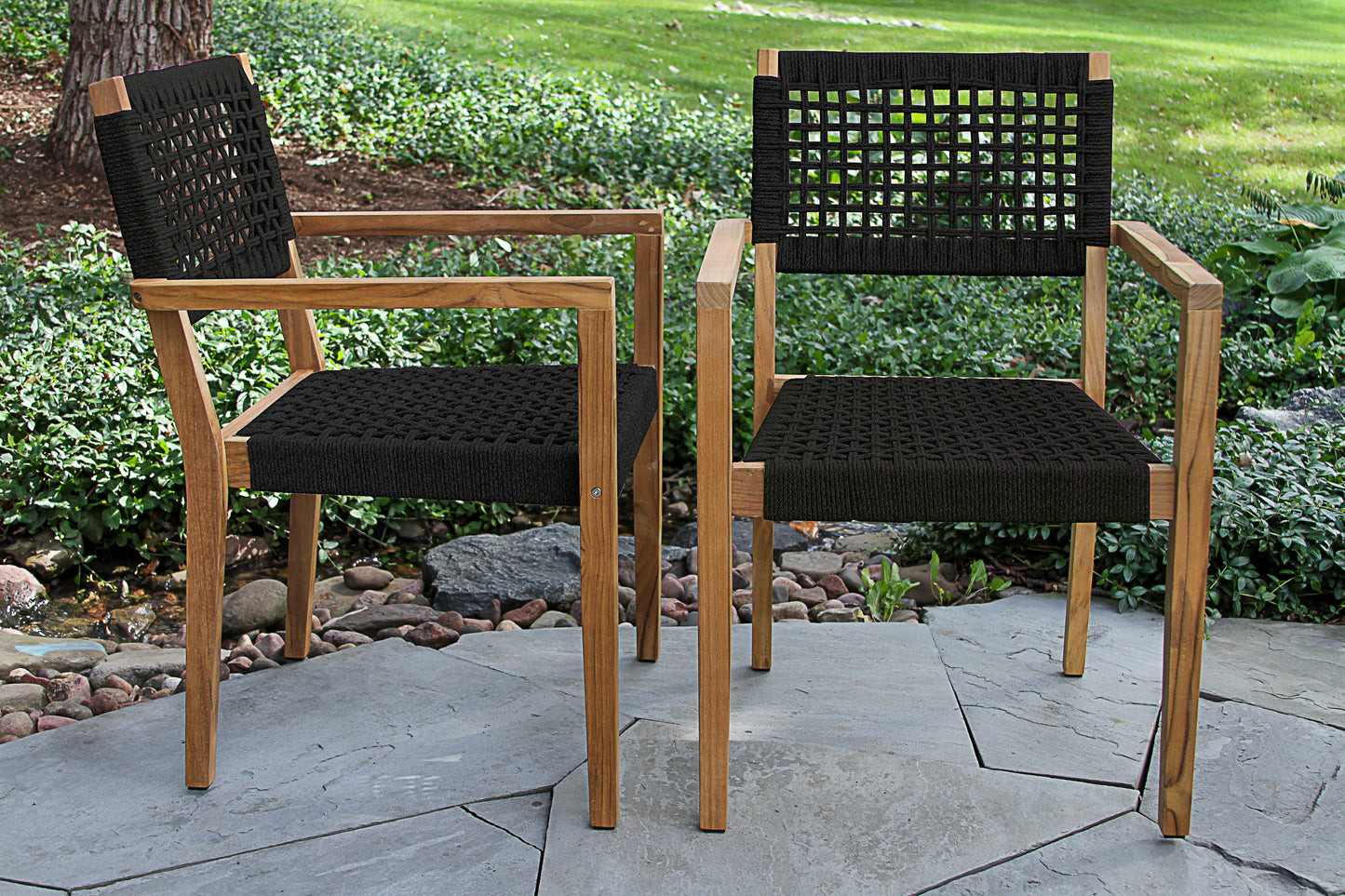 Teak and Black Outdoor Rope Stacking Dining Chair