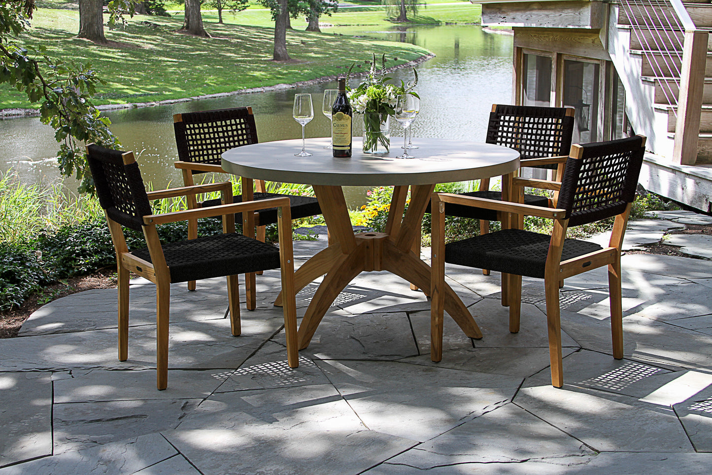 Teak and Black Outdoor Rope Stacking Dining Chair