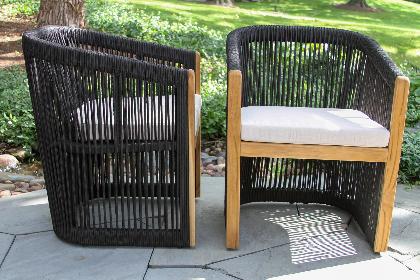 Teak and Black Outdoor Rope Dining Chair w Sunbrella