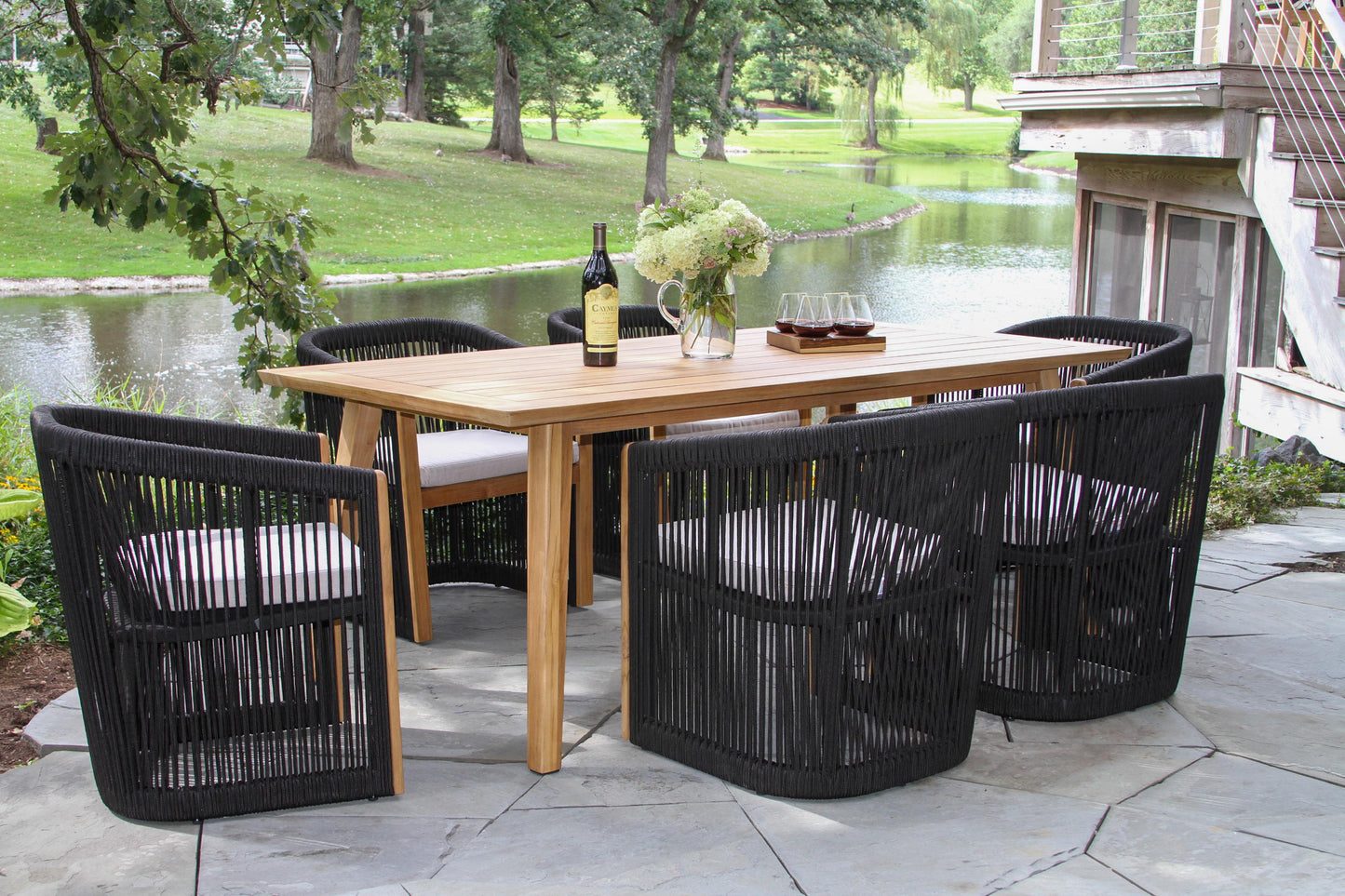 Teak and Black Outdoor Rope Dining Chair w Sunbrella