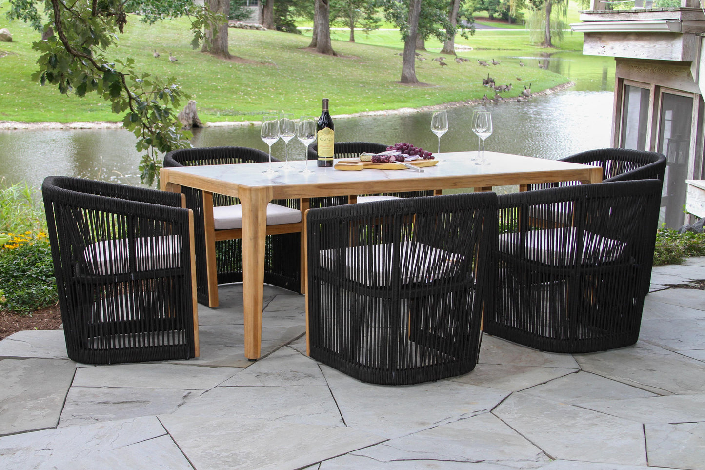Teak and Black Outdoor Rope Dining Chair w Sunbrella