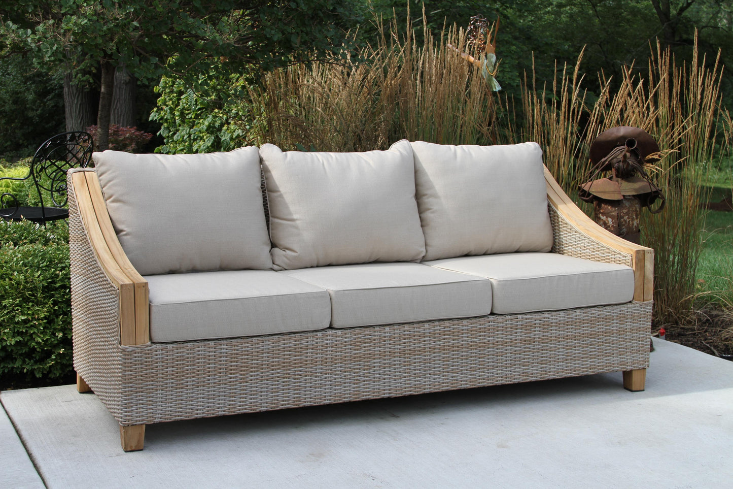 Teak and Wicker Outdoor Sofa w Sunbrella Cushions