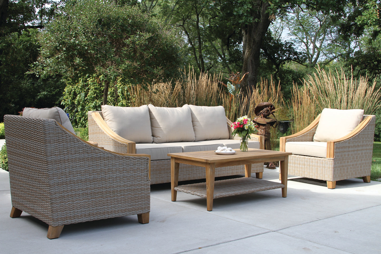 Teak and Ash Outdoor Wicker Arm Chair w Sunbrella Outdoor Cushions
