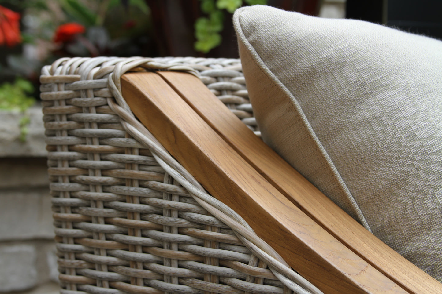 Teak and Wicker Outdoor Sofa w Sunbrella Cushions