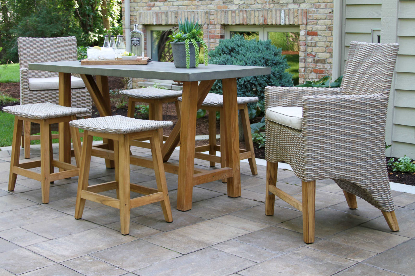 Teak and Ash Outdoor Wicker Counter Height Chair w Sunbrella