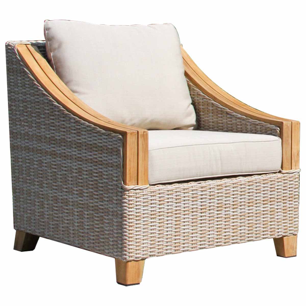 Teak and Ash Outdoor Wicker Arm Chair w Sunbrella Outdoor Cushions