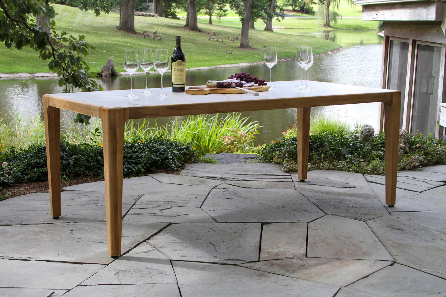 Teak and Monte Bianco Outdoor Sintered Stone Dining Table 78.5" x 39.5"