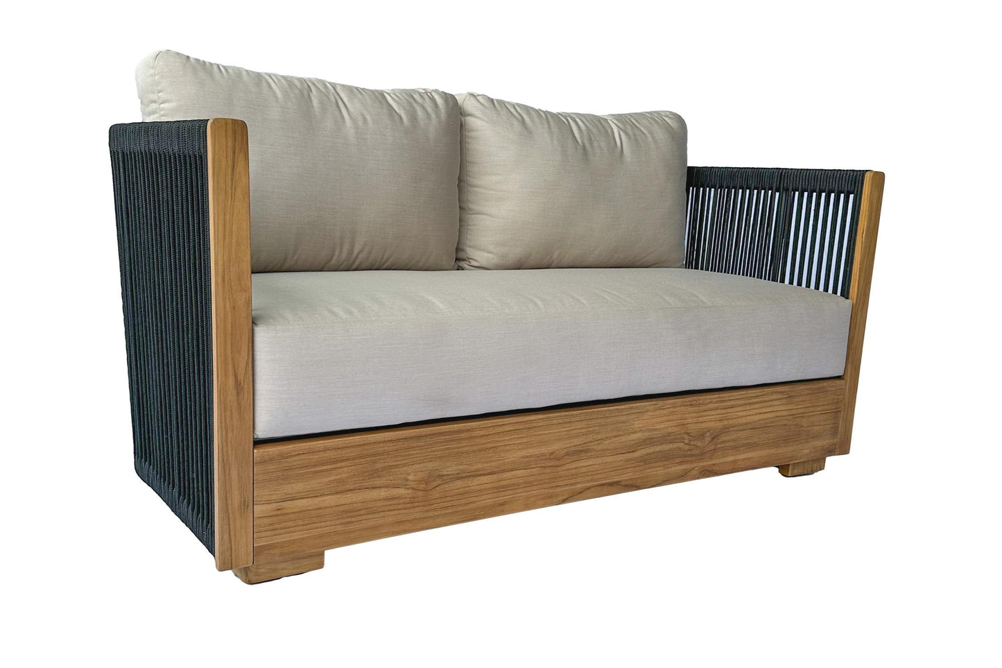 Teak and Black Rope Outdoor Loveseat w Sunbrella