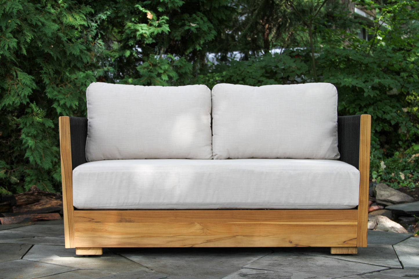 Teak and Black Rope Outdoor Loveseat w Sunbrella