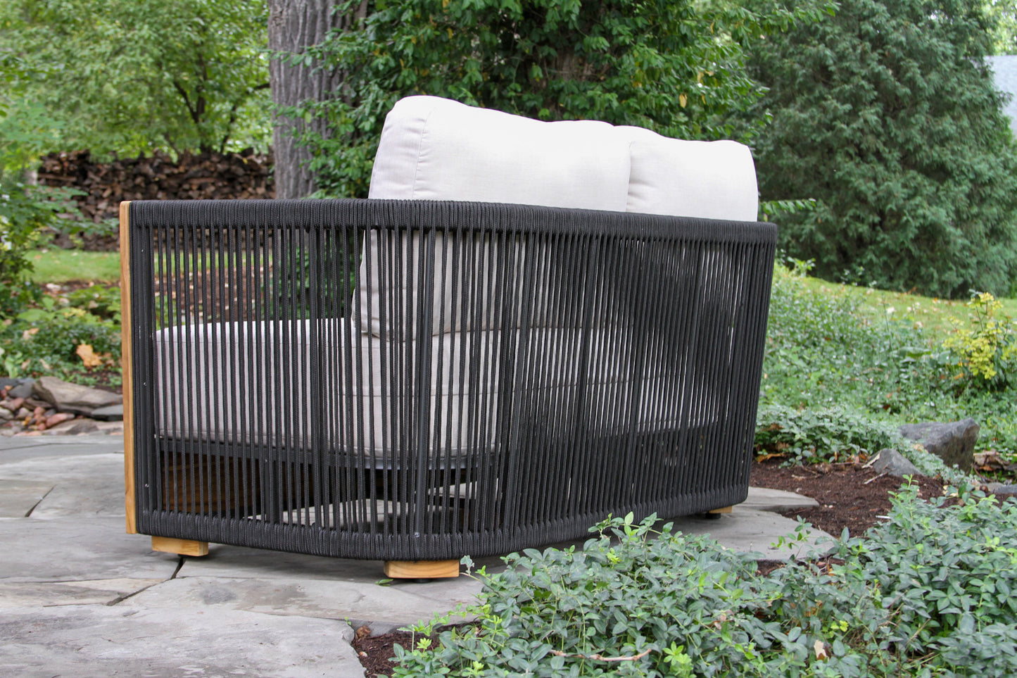 Teak and Black Rope Outdoor Loveseat w Sunbrella